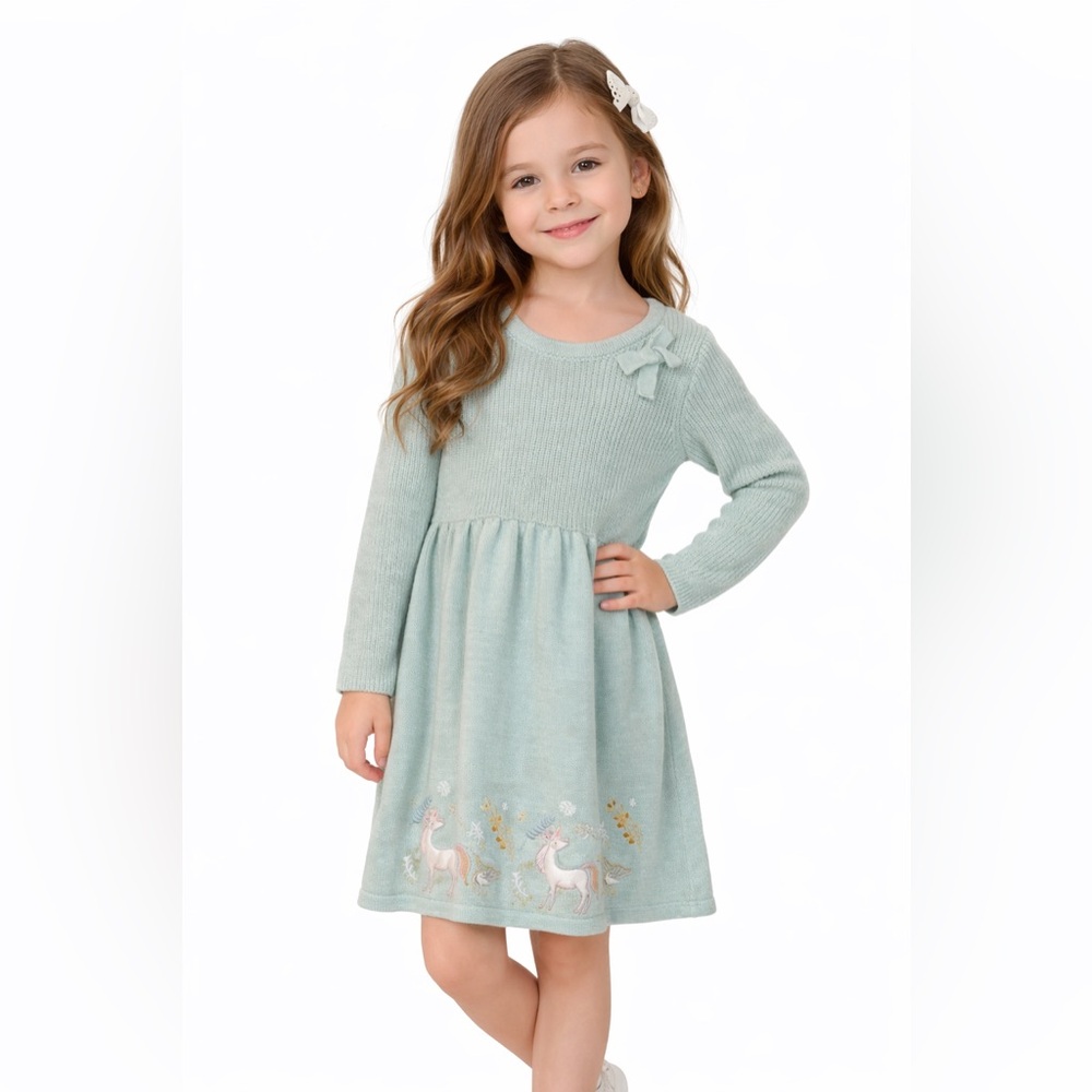Aspen Girls Unicorn Knit Sweater Dress Sage Green Size 5T